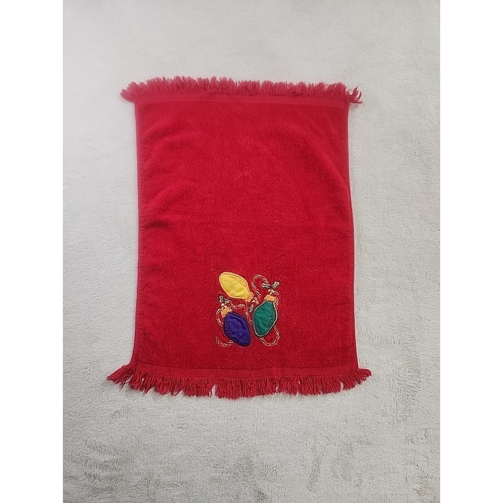 Vintage Embroidered Christmas Hand Towel With Christmas Lights Red‎